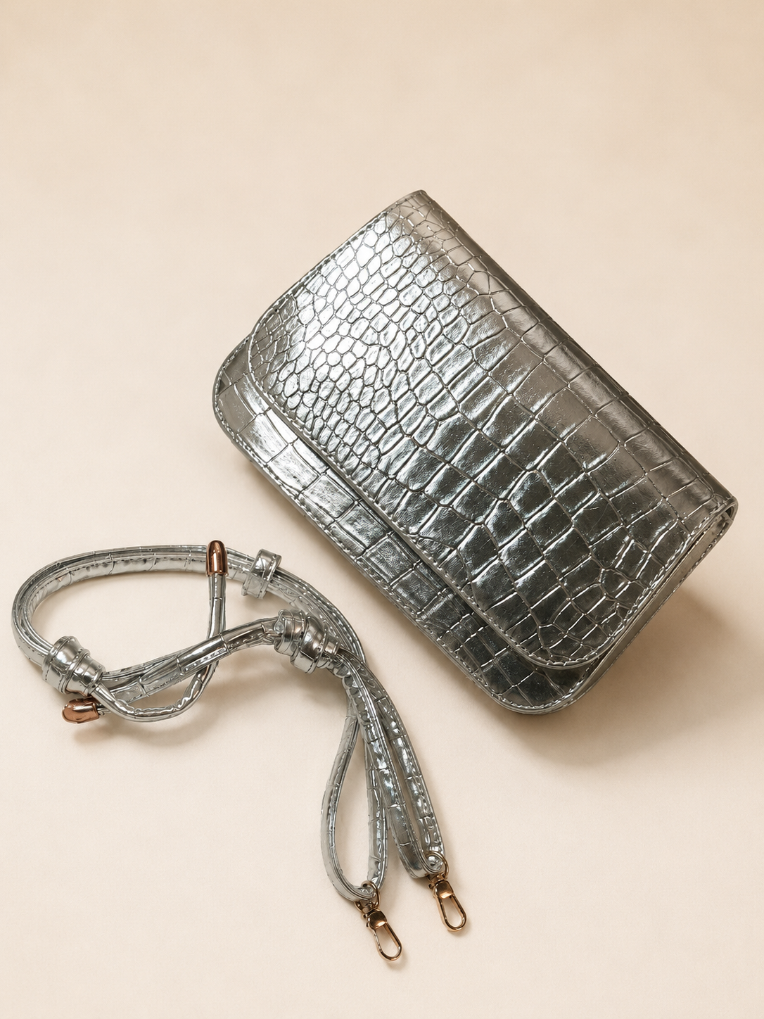 Metalik Gri Clutch Çanta