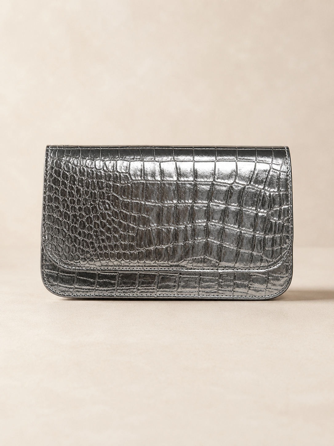 Metalik Gri Clutch Çanta